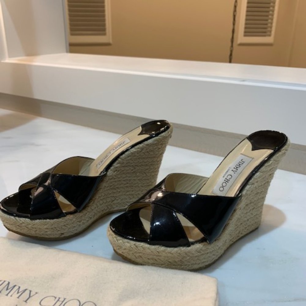 Jimmy Choo - Size 37.5 Black Patent Leather Wedge